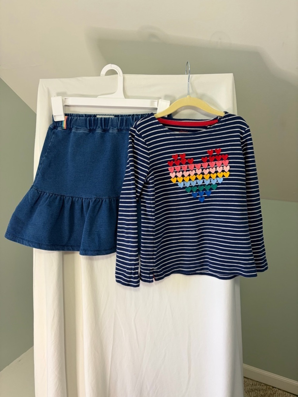 Joules Navy Striped Top with Multicolor Heart & Denim Blue Skirt size 7Y